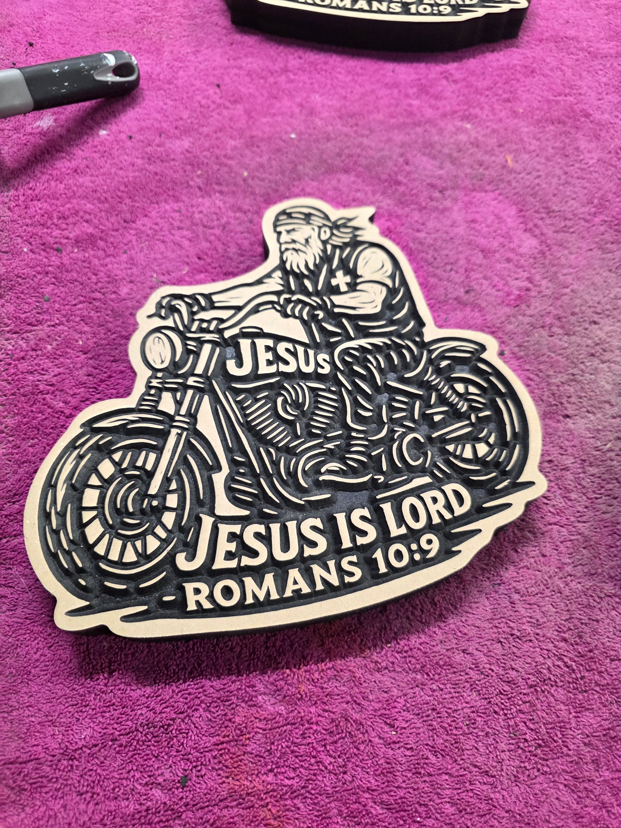 Biker Carving – “Jesus Is Lord” | Romans 10:9 – 8" MDF Wall Art
