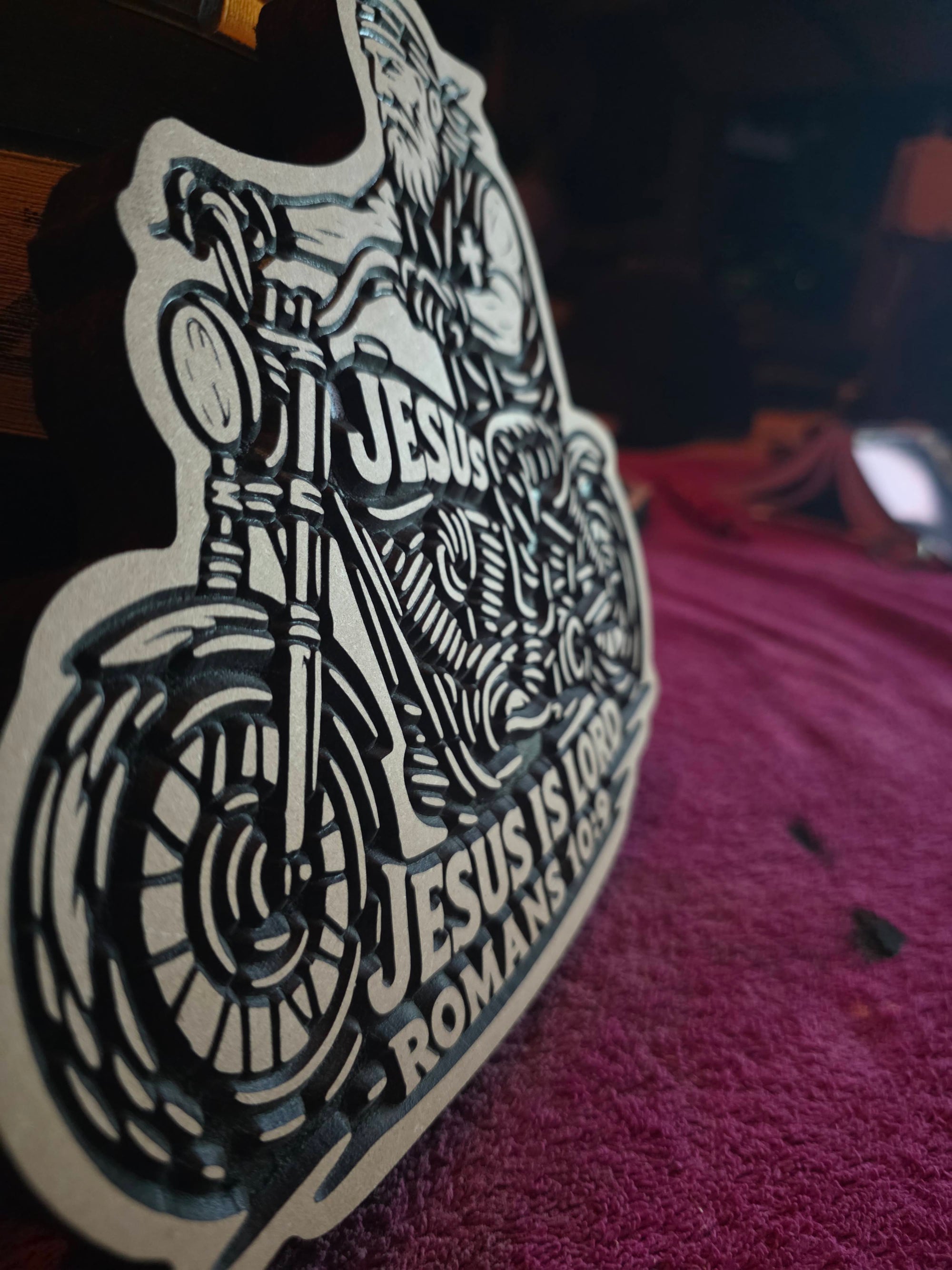 Biker Carving – “Jesus Is Lord” | Romans 10:9 – 8" MDF Wall Art