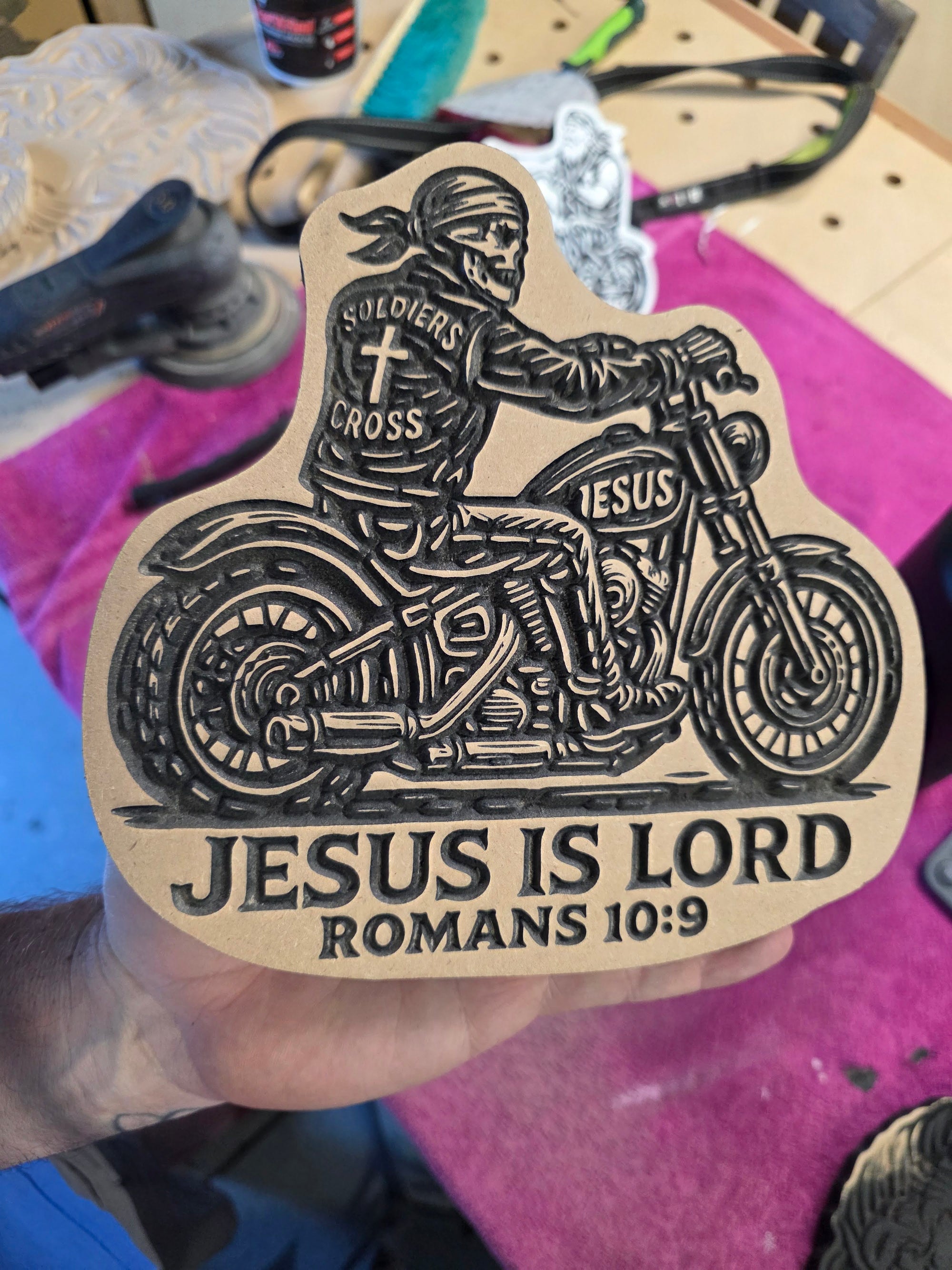 Soldiers of the Cross Biker Carving – Romans 10:9 | 8" MDF Christian Decor