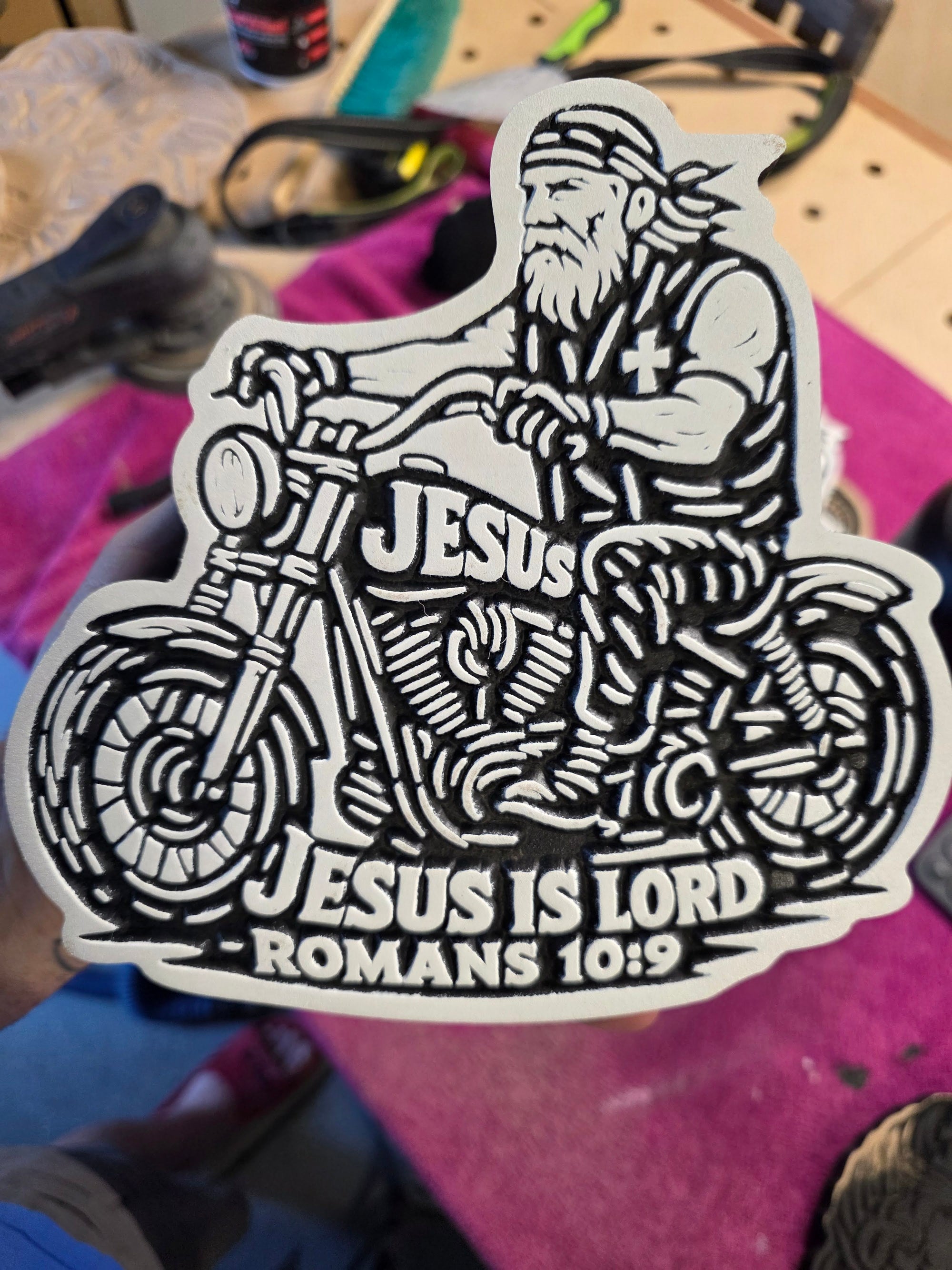Biker Carving – “Jesus Is Lord” | Romans 10:9 – 8" MDF Wall Art