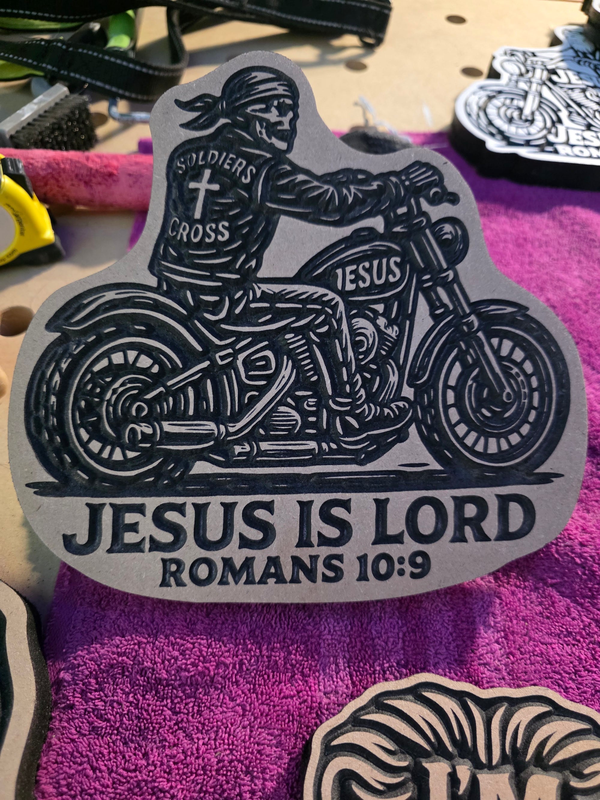 Soldiers of the Cross Biker Carving – Romans 10:9 | 8" MDF Christian Decor