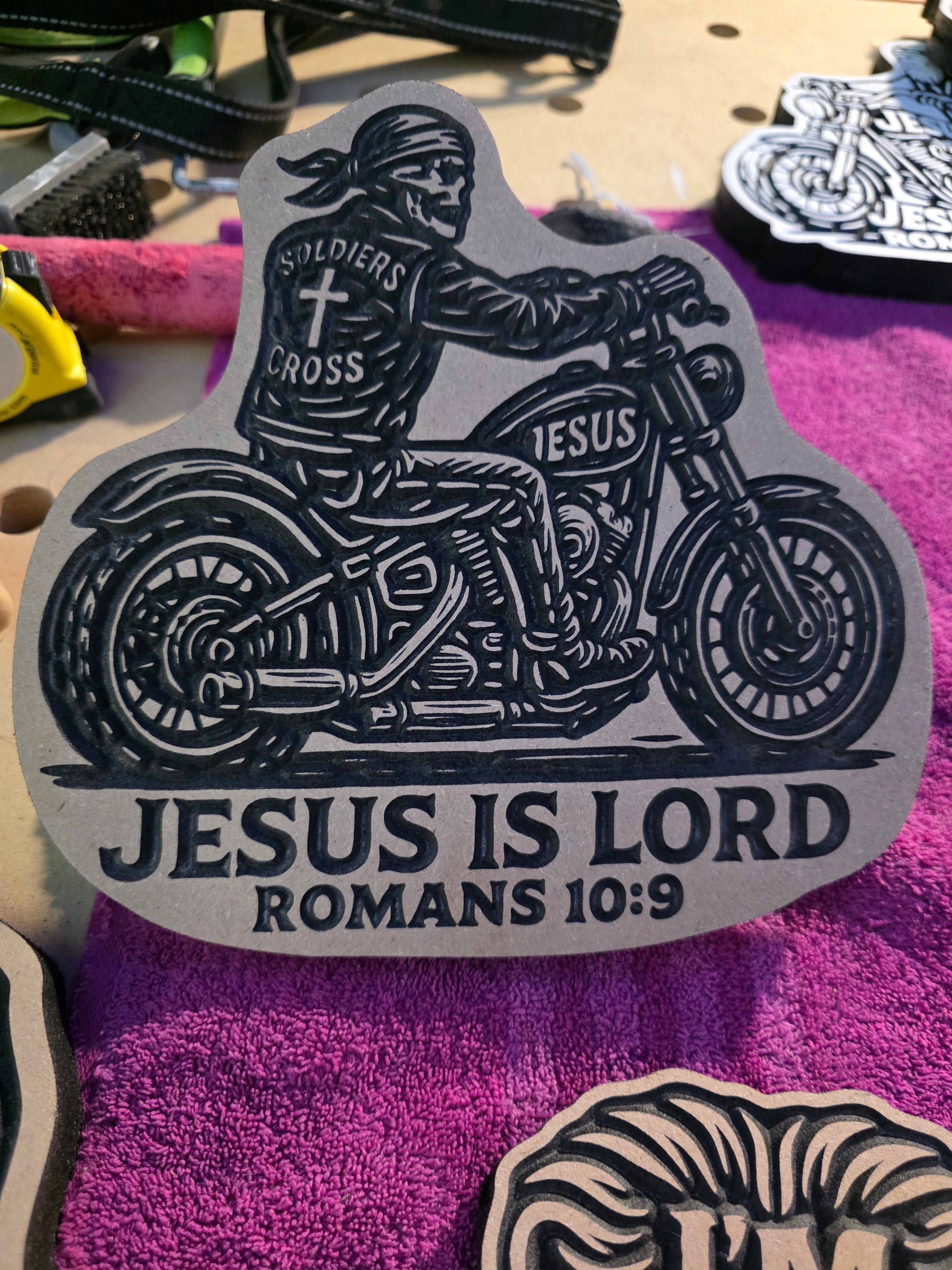 Soldiers of the Cross Biker Carving – Romans 10:9 | 8" MDF Christian Decor
