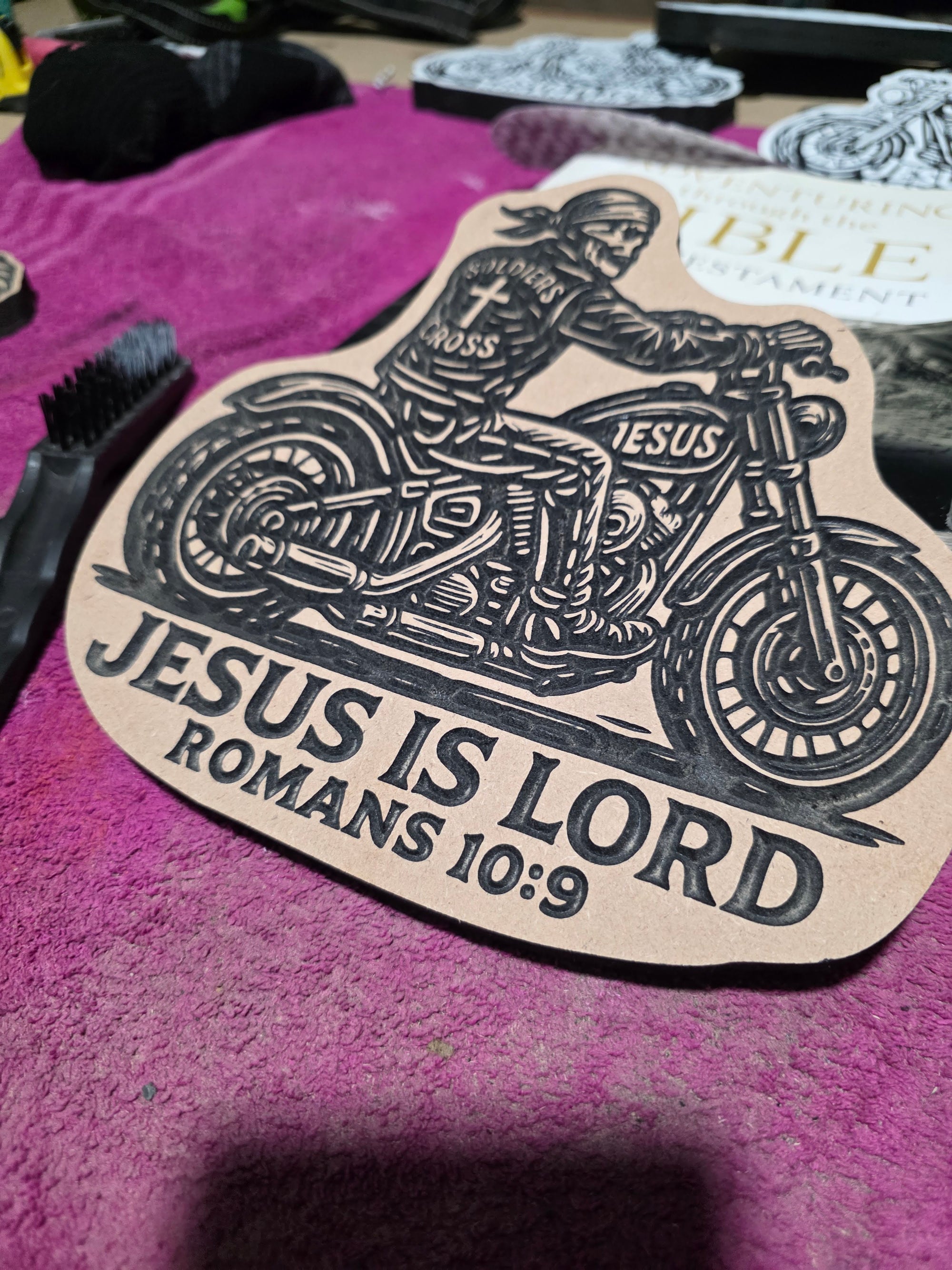 Soldiers of the Cross Biker Carving – Romans 10:9 | 8" MDF Christian Decor