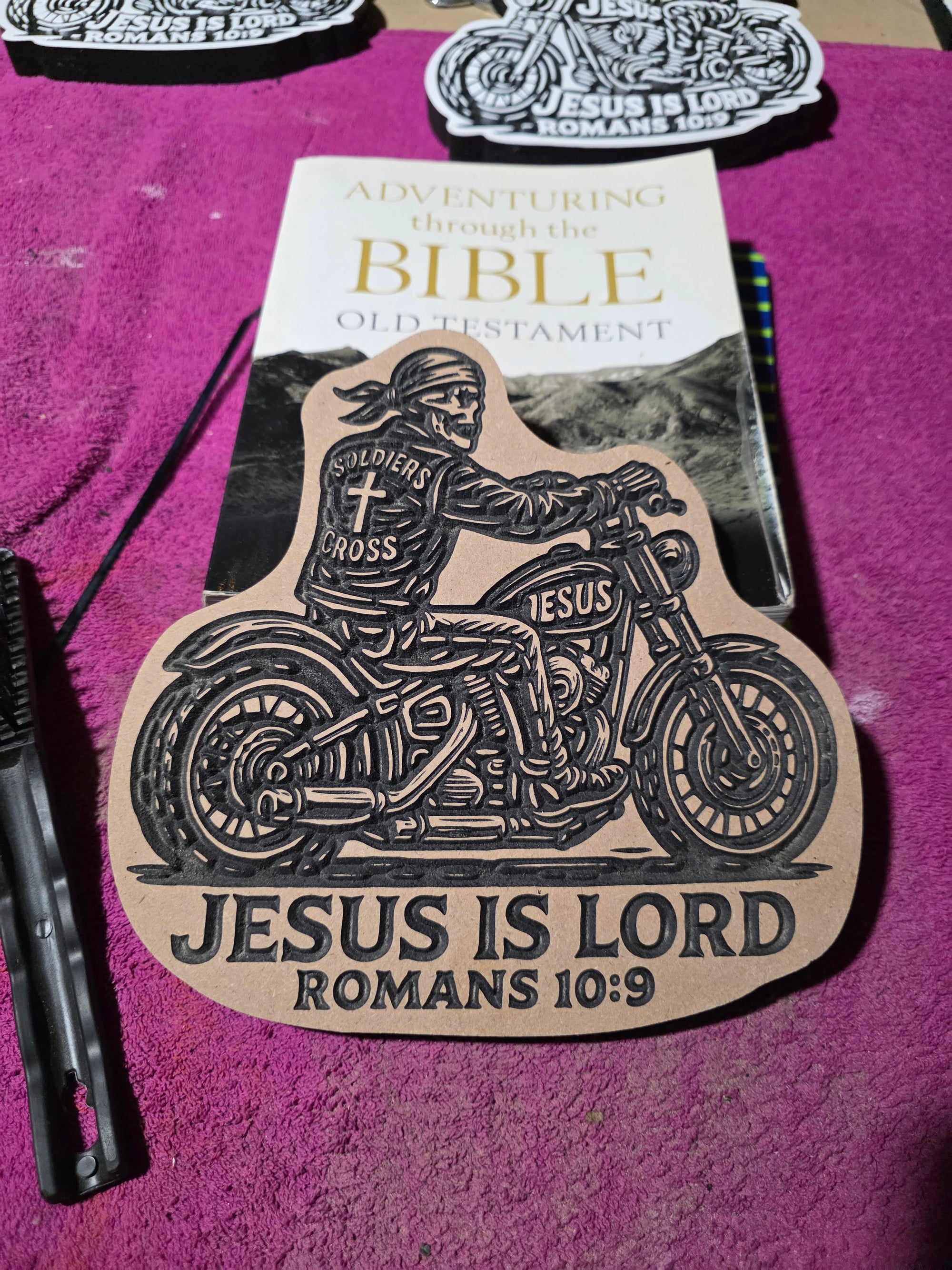 Soldiers of the Cross Biker Carving – Romans 10:9 | 8" MDF Christian Decor