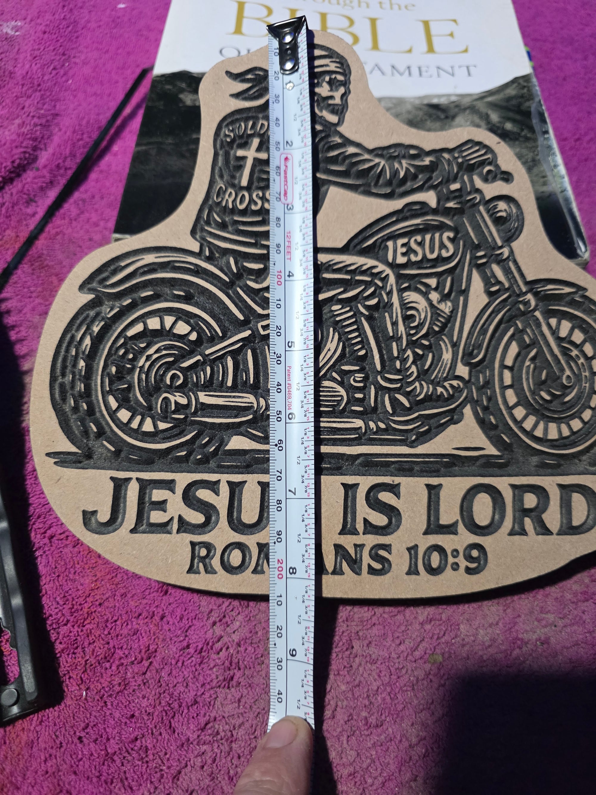 Soldiers of the Cross Biker Carving – Romans 10:9 | 8" MDF Christian Decor