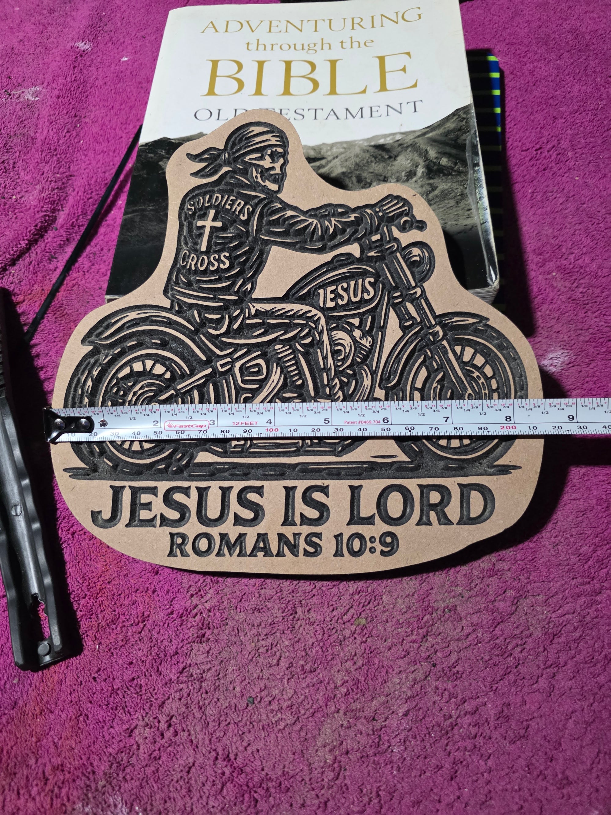 Soldiers of the Cross Biker Carving – Romans 10:9 | 8" MDF Christian Decor