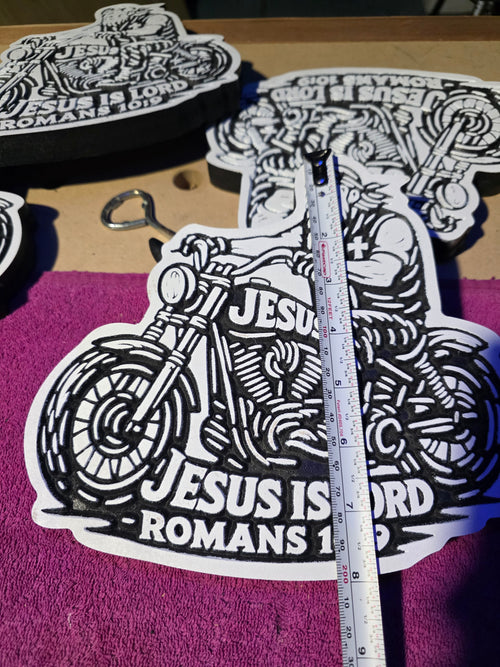 Biker Carving – “Jesus Is Lord” | Romans 10:9 – 8" MDF Wall Art