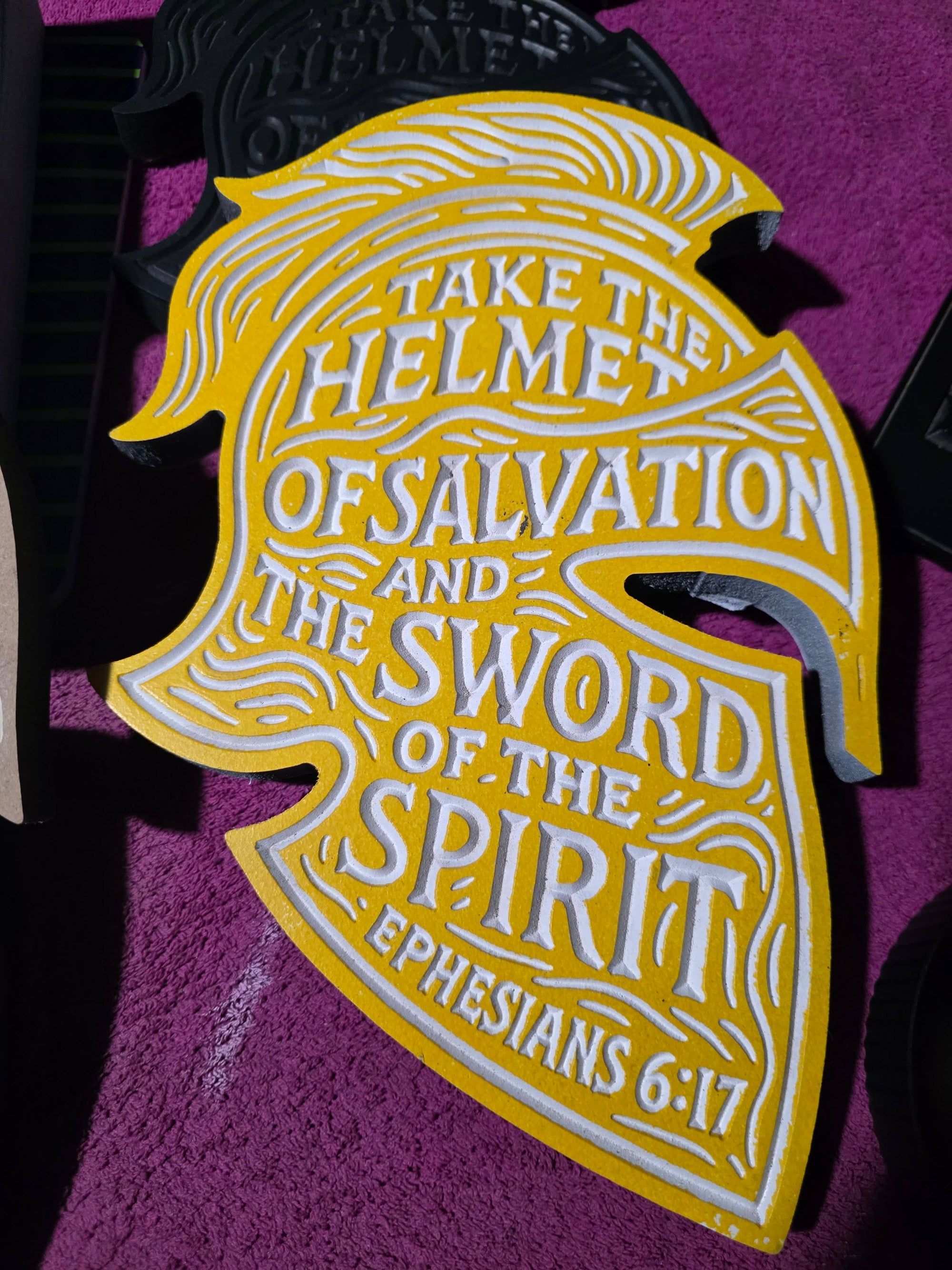 Helmet of Salvation Wall Carving – Ephesians 6:17 | Handcrafted MDF Armor of God Decor