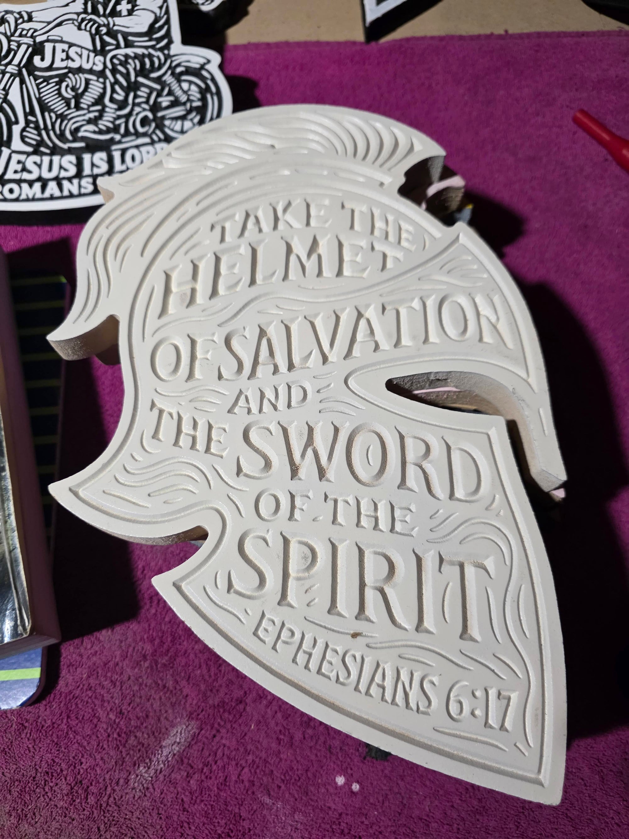 Helmet of Salvation Wall Carving – Ephesians 6:17 | Handcrafted MDF Armor of God Decor