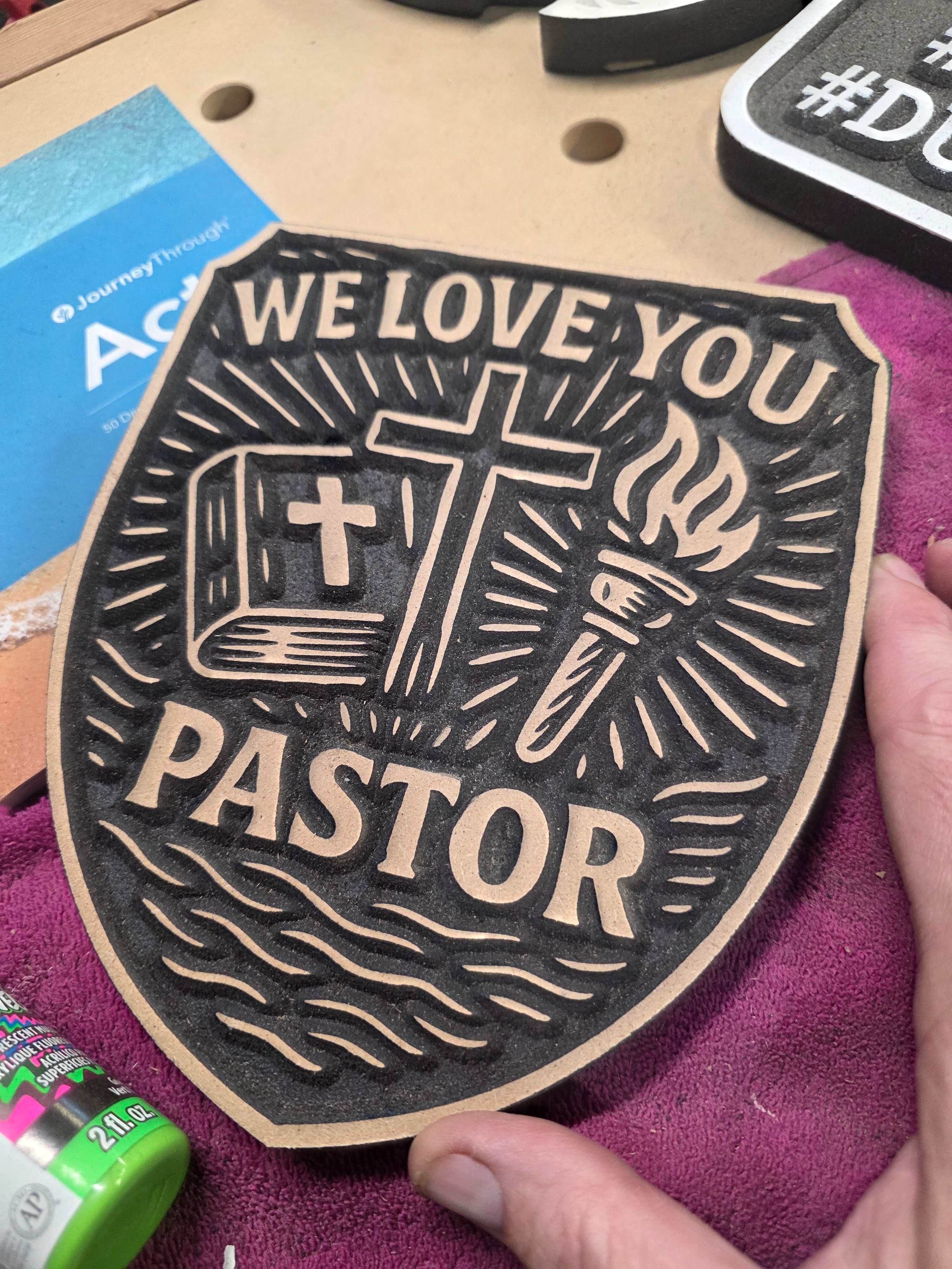 “We Love You Pastor” Shield Carving – Handcrafted MDF Christian Gift Plaque