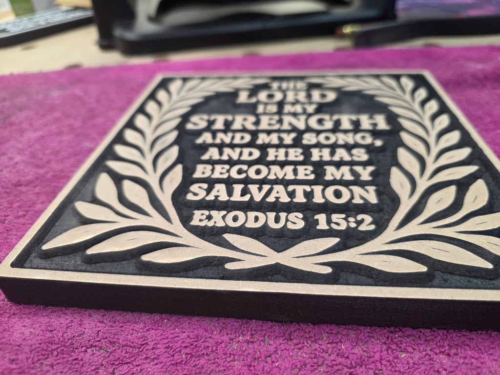 Exodus 15:2 – The Lord Is My Strength Wood Carving | 8"x8" Scripture Wall Art