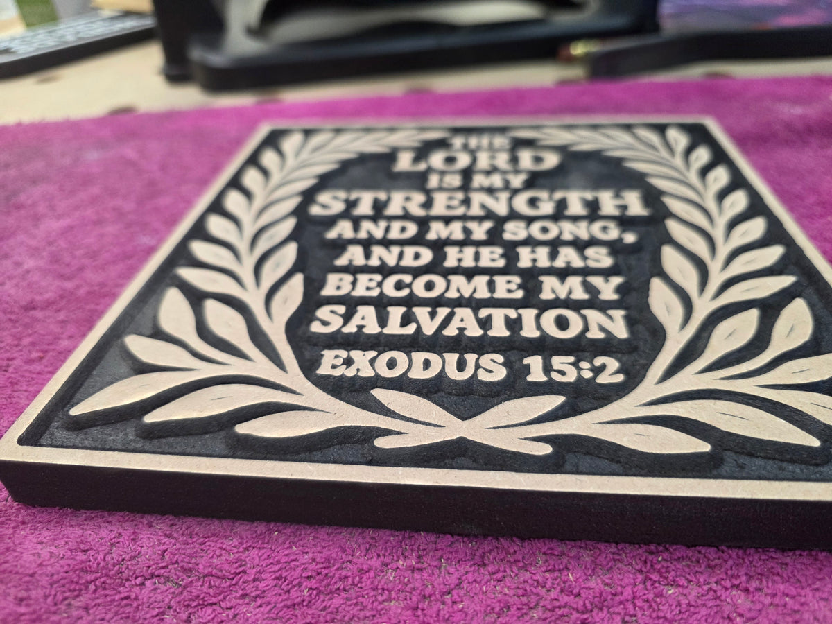 Exodus 15:2 – The Lord Is My Strength Wood Carving | 8"x8" Scripture Wall Art