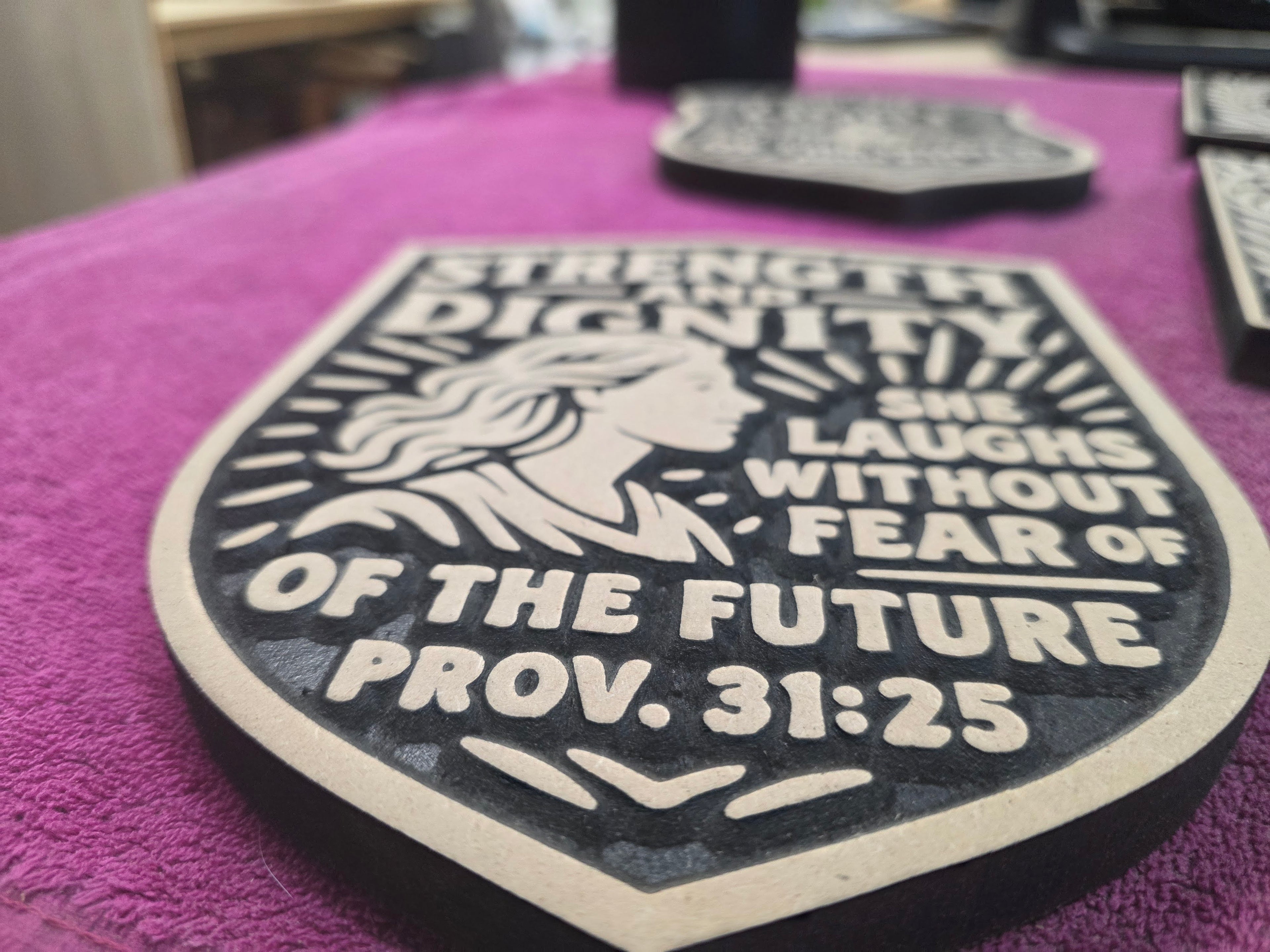 Proverbs 31:25 Strength and Dignity Wood Carving – 8" Wall Plaque