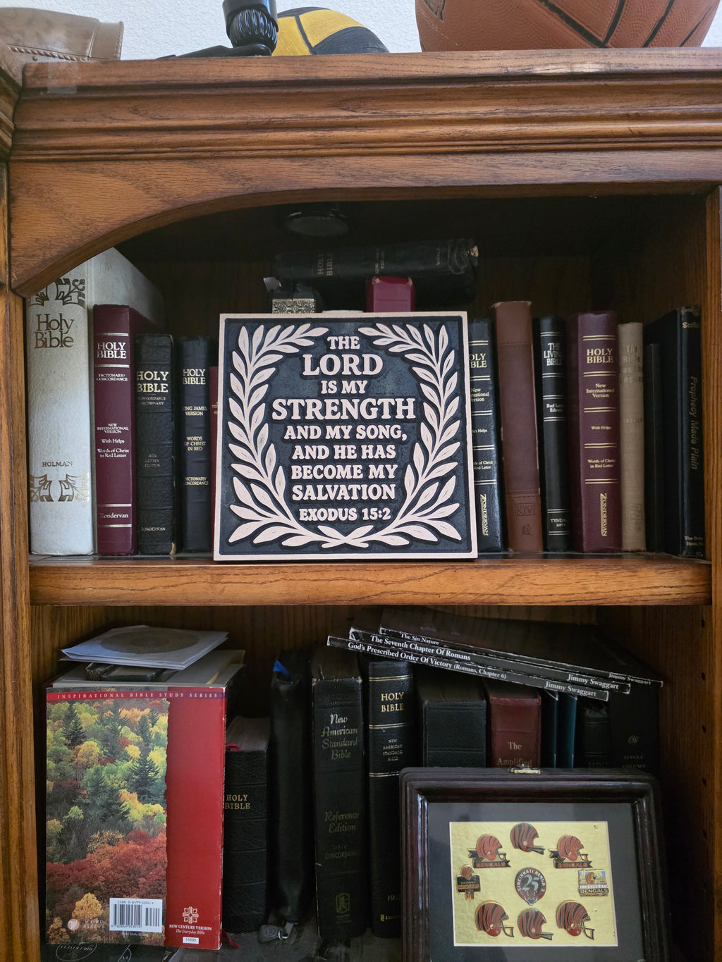 Exodus 15:2 – The Lord Is My Strength Wood Carving | 8"x8" Scripture Wall Art