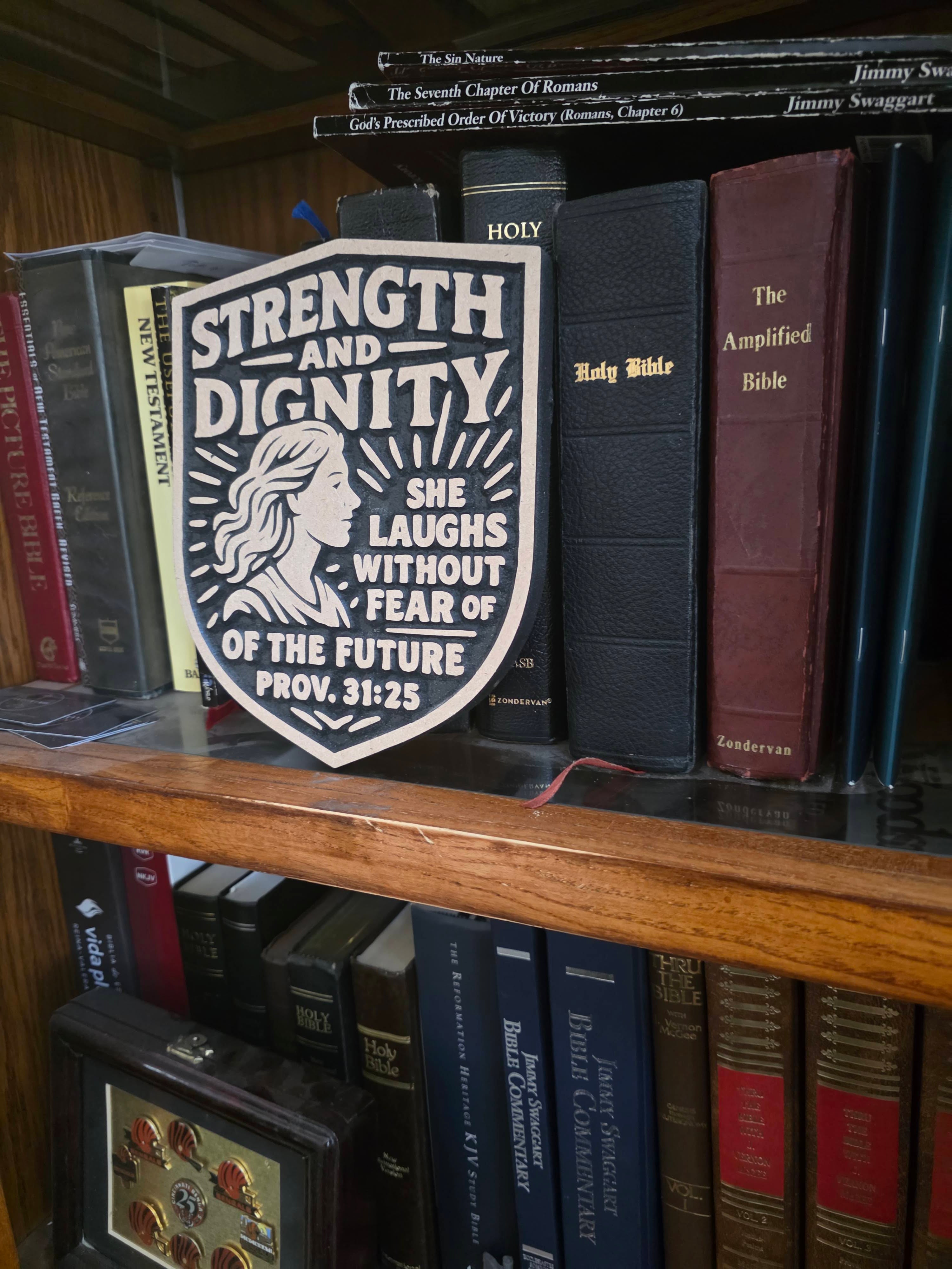Proverbs 31:25 Strength and Dignity Wood Carving – 8" Wall Plaque
