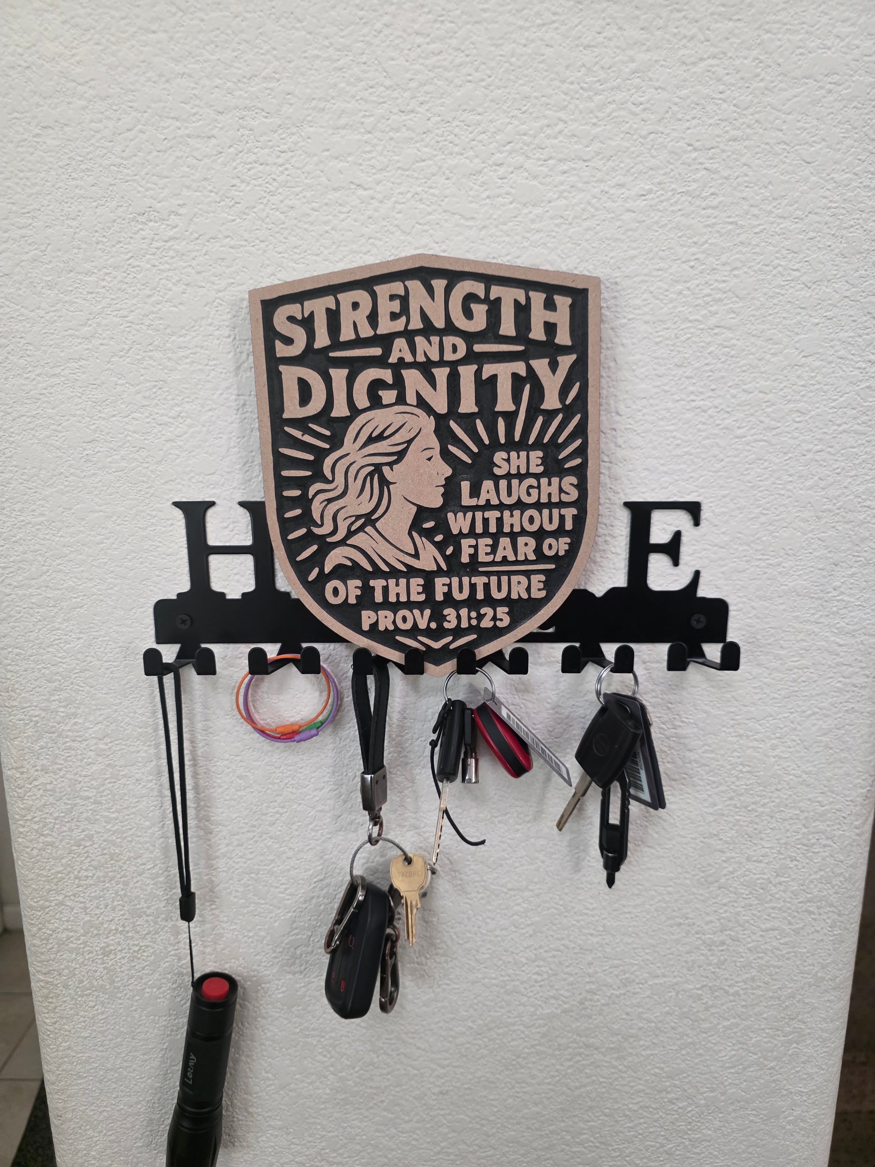Proverbs 31:25 Strength and Dignity Wood Carving – 8" Wall Plaque