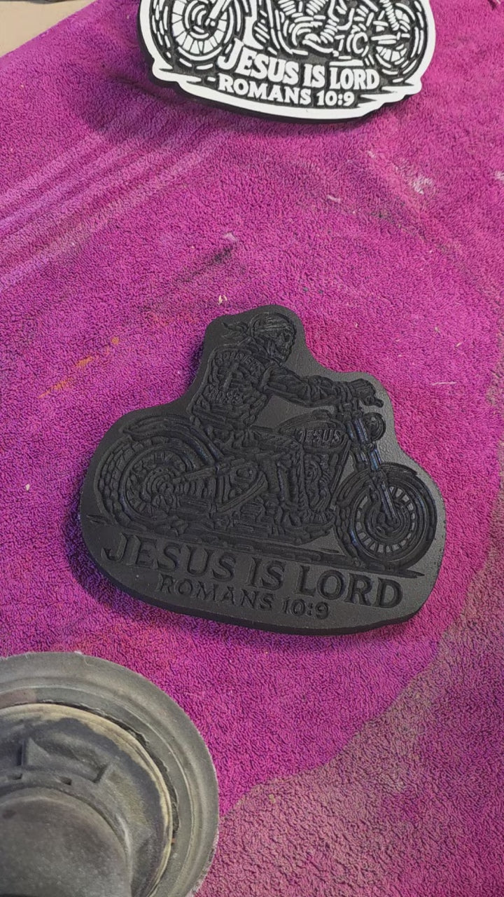 Soldiers of the Cross Biker Carving – Romans 10:9 | 8" MDF Christian Decor