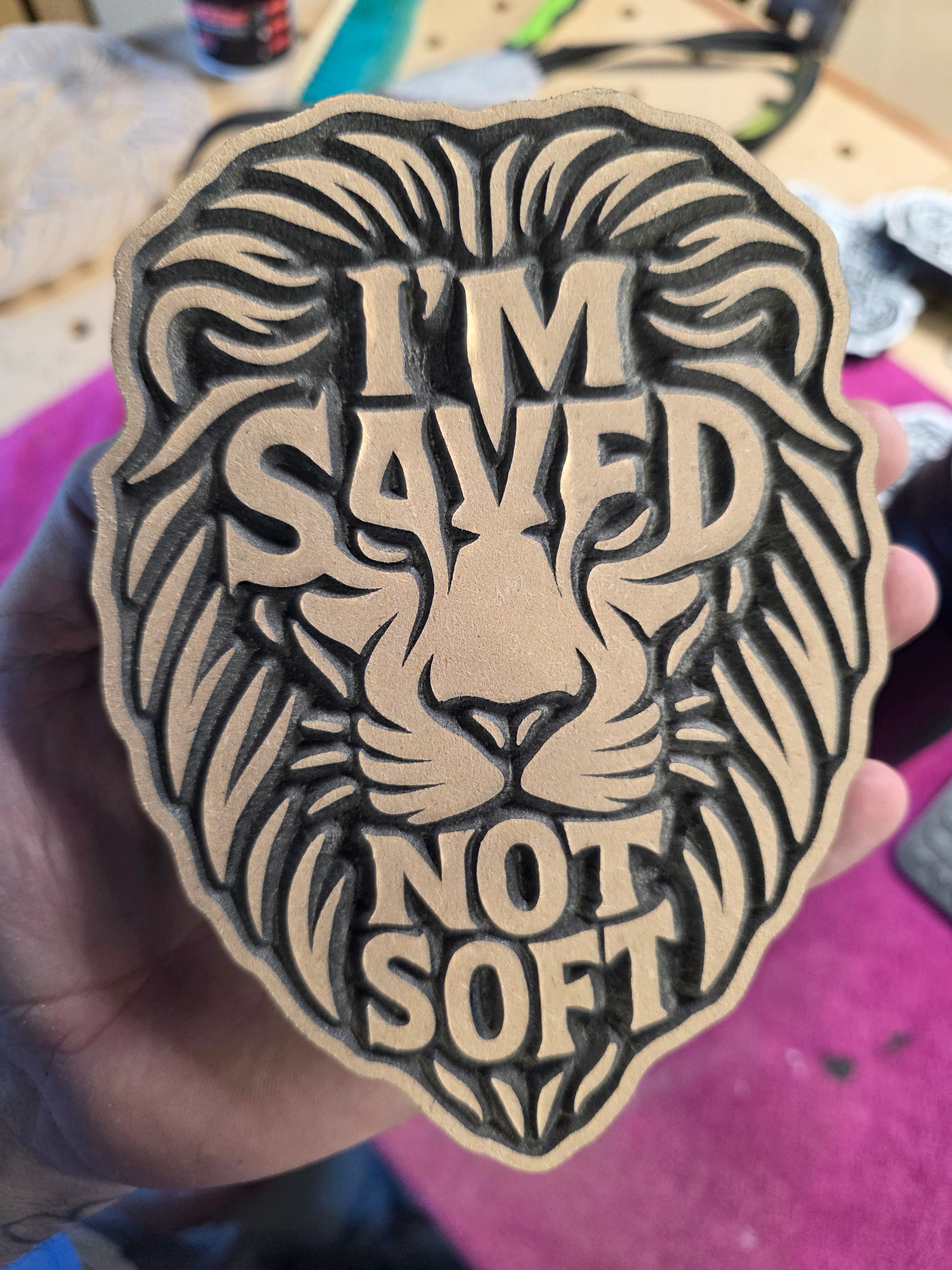 “I’m Saved, Not Soft” – Smaller Christian Lion Wall Carving | Statement MDF Decor